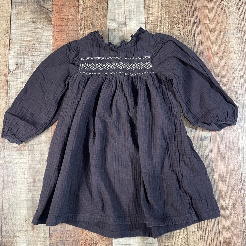 H&M Brown 100% Cotton Crinkle Gauze Smocked Ruffle Long Sleeve Dress 5T